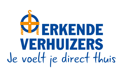 Het logo van branche organisatie Erkende Verhuizers. Het bestaat uit een blauwe cirkel met een oranje kruis er dover. Naast de naam "Erkende Verhuizers" staat er in een handschrift font onder "Je voelt je direct thuis".